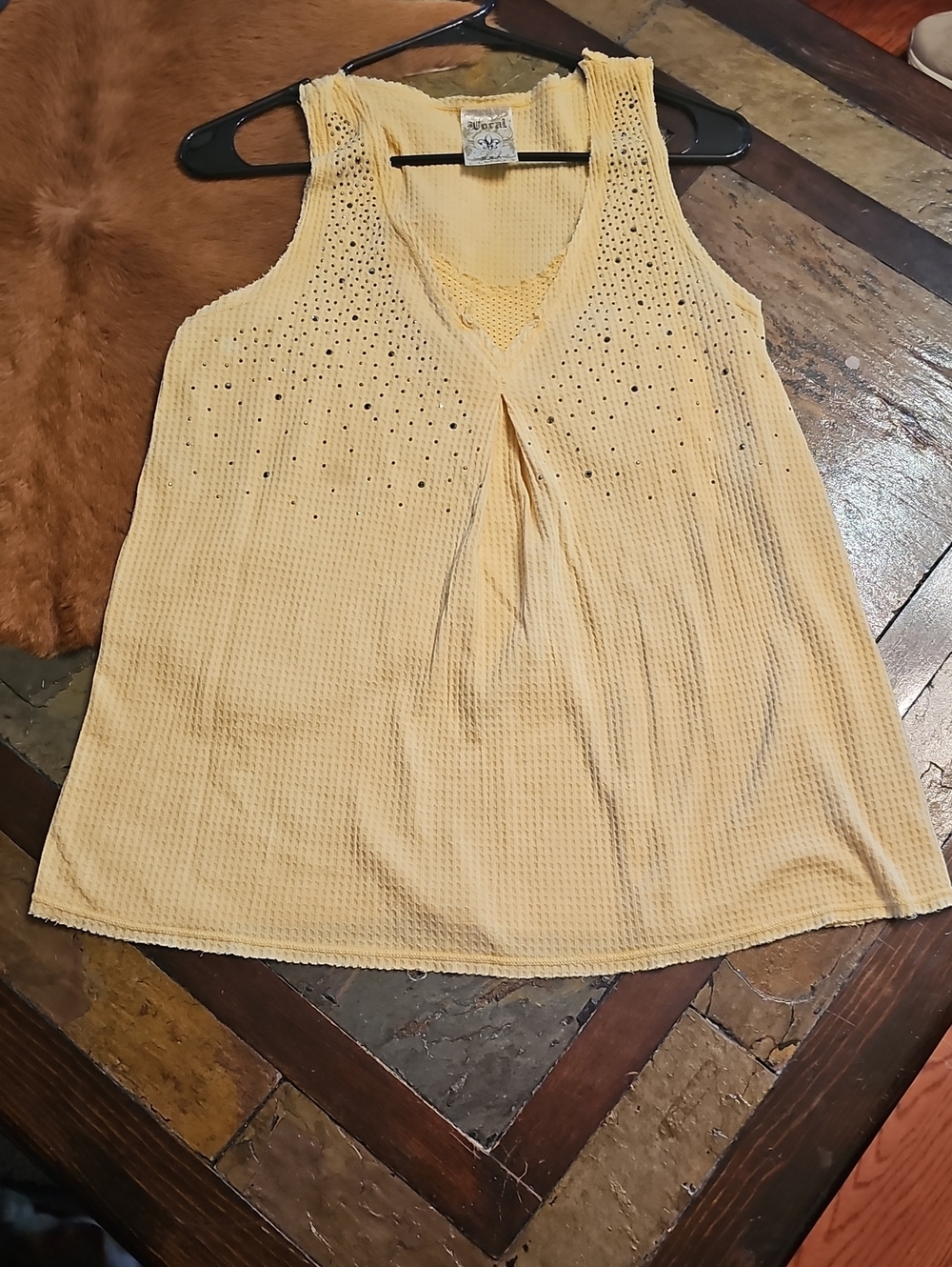 Vocal Yellow Sleeveless Waffle Knit Tank with Rhinestone Detail
